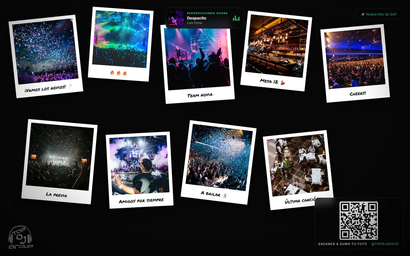 Pantalla del evento en vivo: collage de fotos de los invitados, la canción que suena y el QR para sumarse