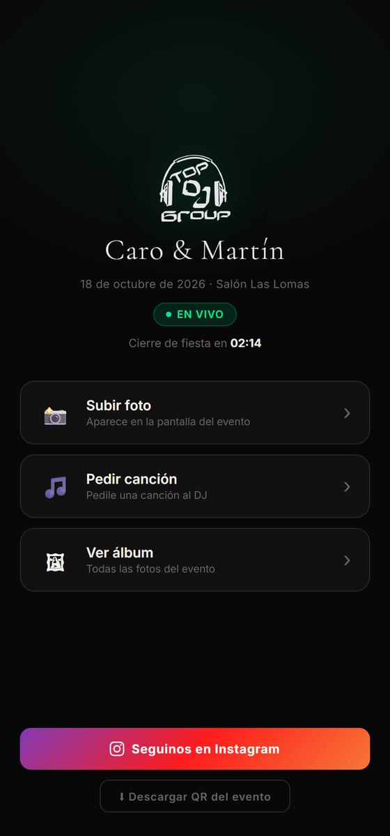 Hub del invitado en el celular con accesos a foto, música y álbum del evento