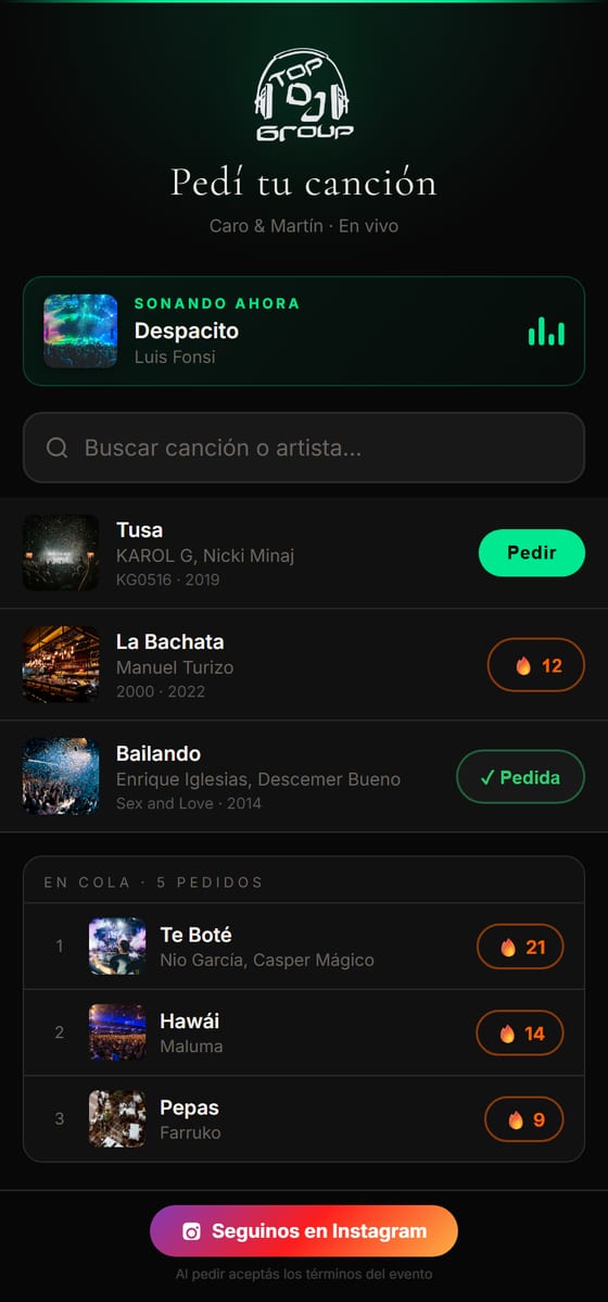 Pantalla de pedidos de música con búsqueda de Spotify, pedidos y votos